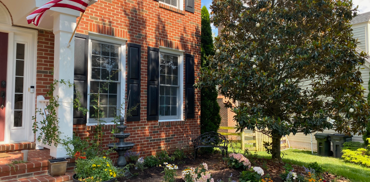 Front flower bed with hydrangeas, Russian sage and roses